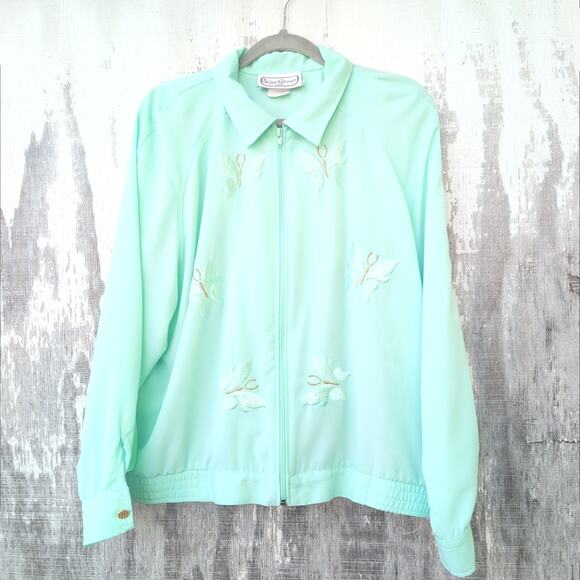 Vintage Saint Germain Paris Jacket Womens M Mint Green Embroidered Butterflies - Picture 1 of 10